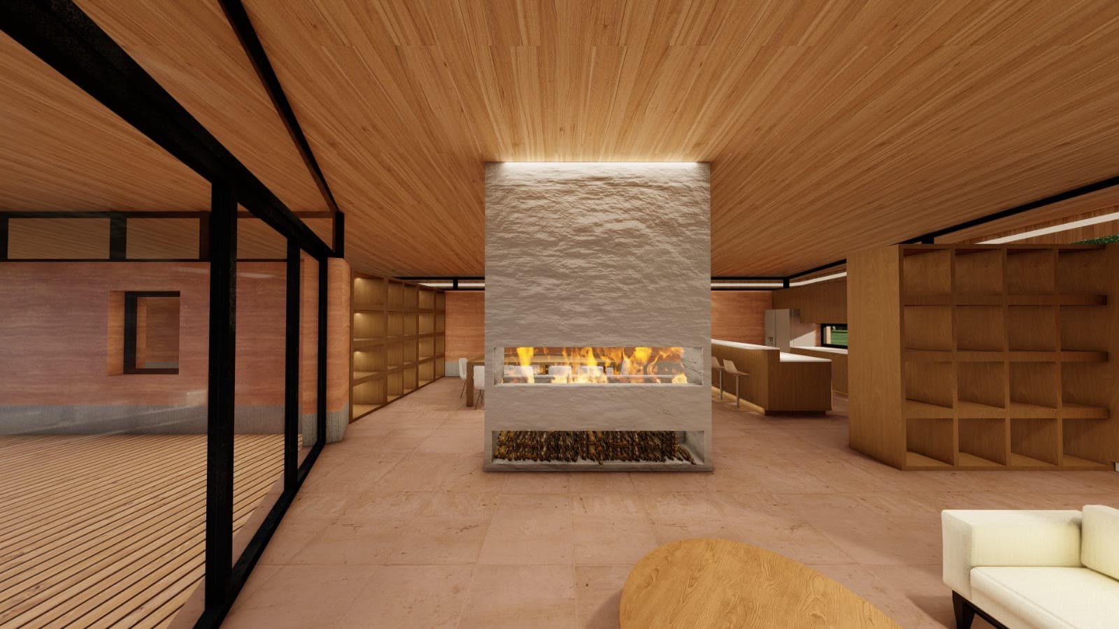 Ensayos de interior: chimenea central y cocina accesible.