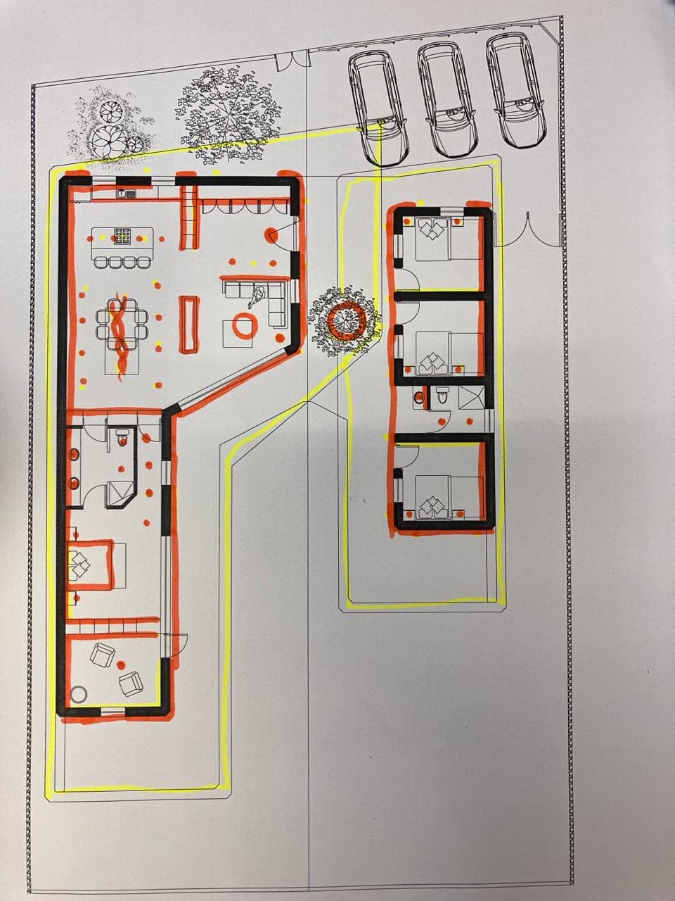 Imagen conceptual y planta de proyecto: dos volúmenes alrededor de un árbol.