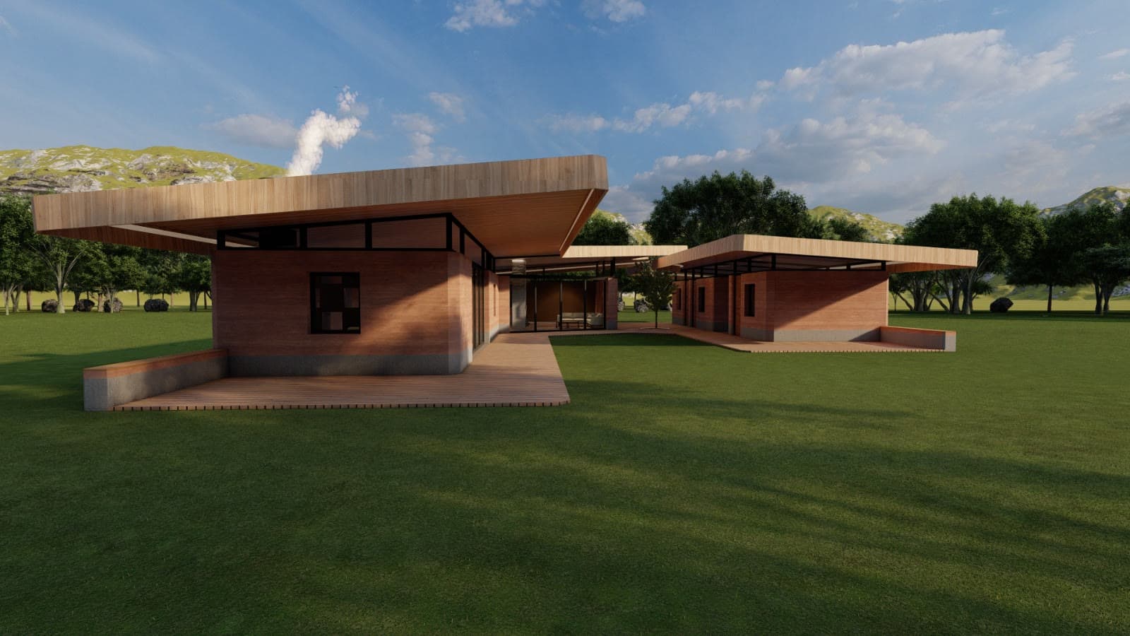 Visualización del proyecto: cubierta de madera sobre muros de tapial.